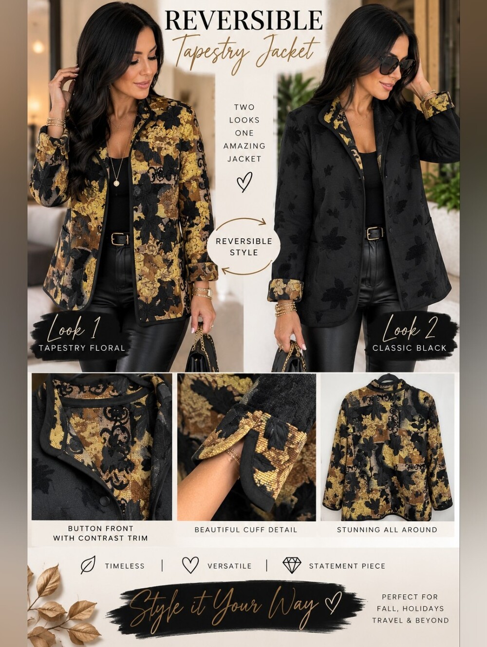 Vintage Style Reversible Tapestry Jacquard Jacket Black Gold Floral 22.5 PTP